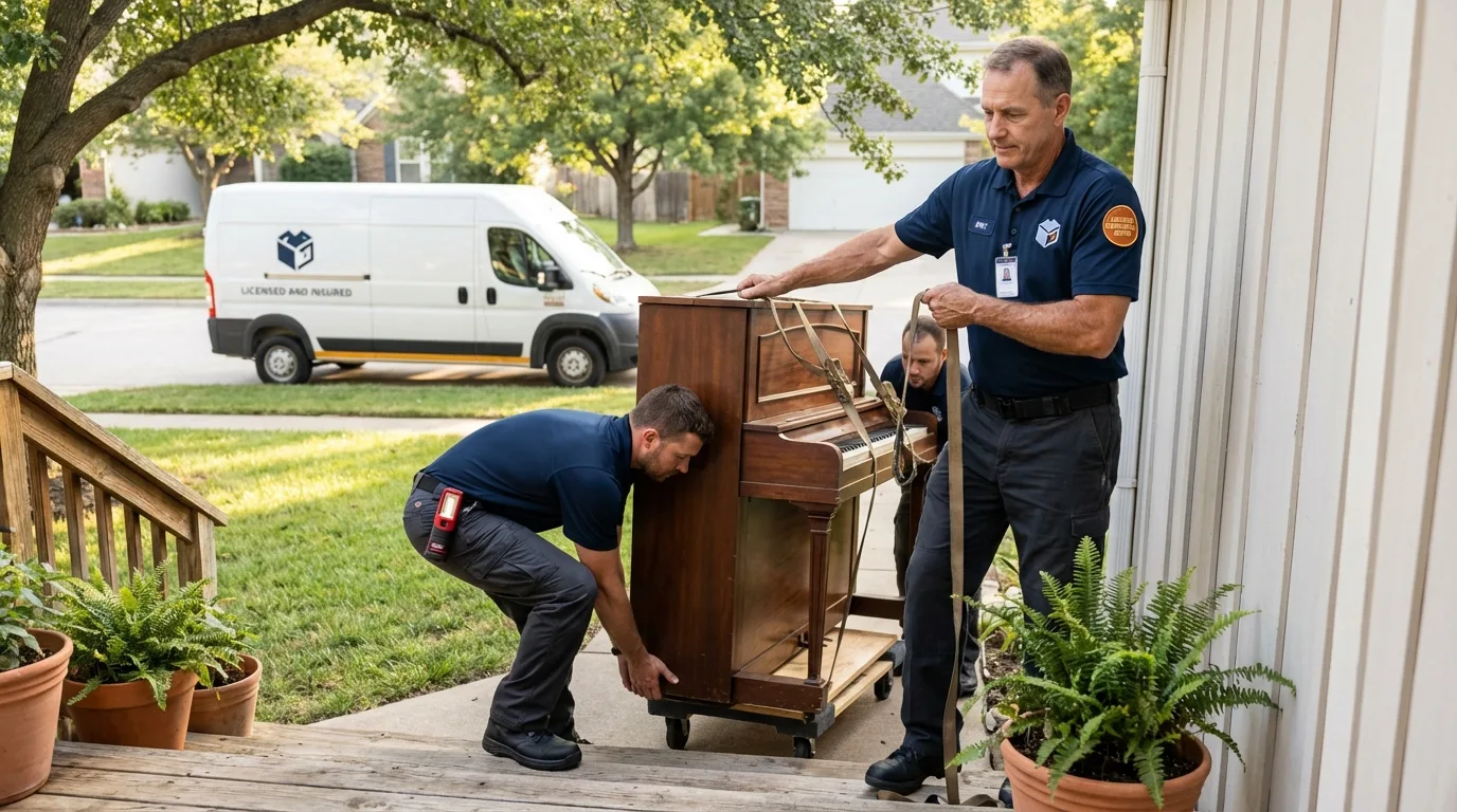 Licensed piano movers securing grand piano in Hiawatha, KS