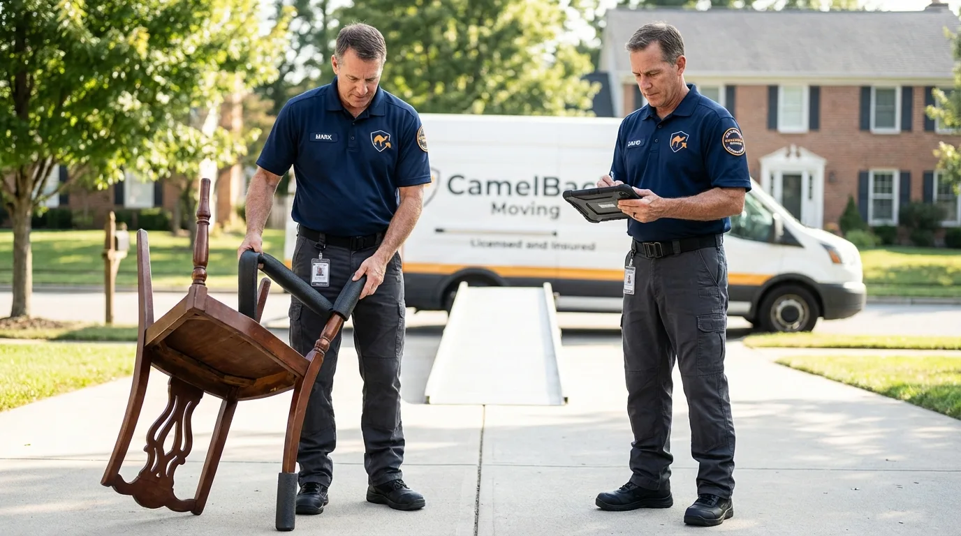 Movers inspecting furniture for damage prevention before loading in Hiawatha, KS