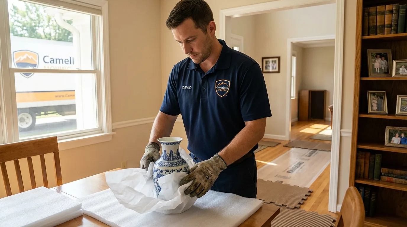 Professional crew carefully wrapping antique vase for senior downsizing move in Hiawatha, KS